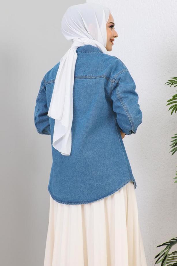 Tesettür giyim LACİVERT PAMUKLU KOT CEKET T 9560 - TRENDTESETTÜR