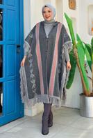 Tesettür giyim GRİ ETNİK DESENLİ TRİKO PANÇO T 22021