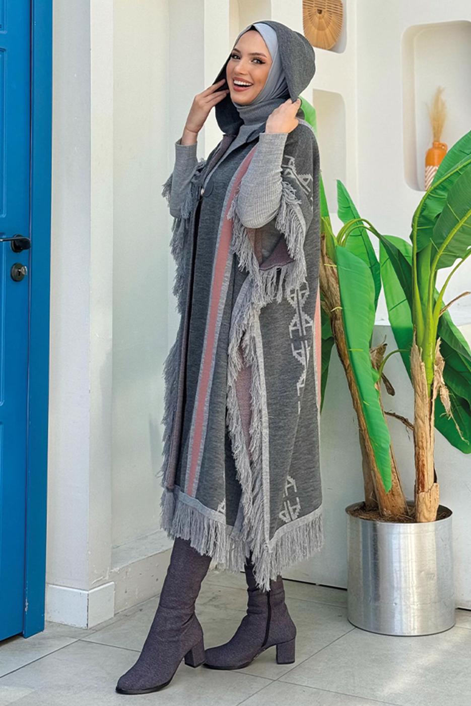Tesettür giyim GRİ ETNİK DESENLİ TRİKO PANÇO T 22021