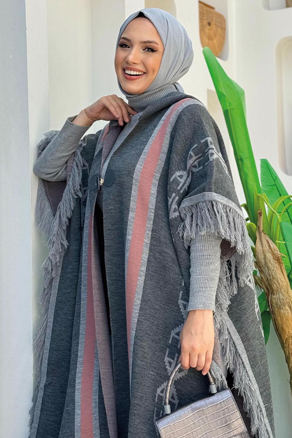 Tesettür giyim GRİ ETNİK DESENLİ TRİKO PANÇO T 22021