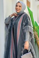 Tesettür giyim GRİ ETNİK DESENLİ TRİKO PANÇO T 22021