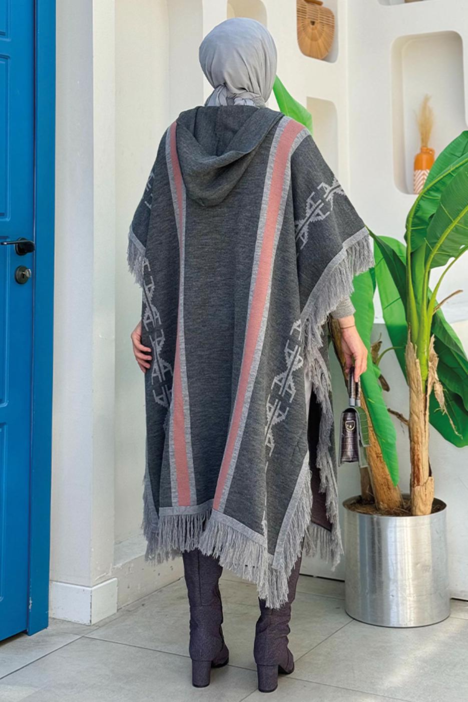 Tesettür giyim GRİ ETNİK DESENLİ TRİKO PANÇO T 22021