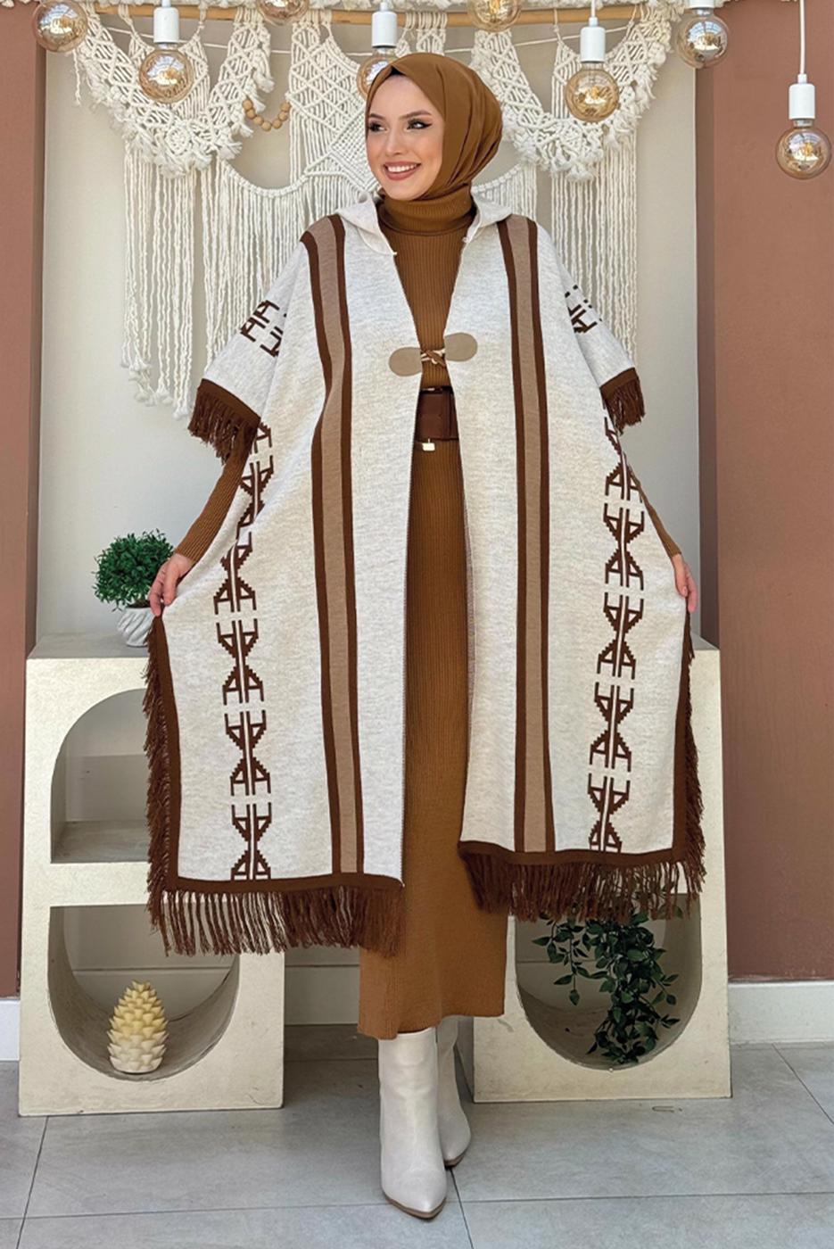 Tesettür giyim BEJ ETNİK DESENLİ TRİKO PANÇO T 22021