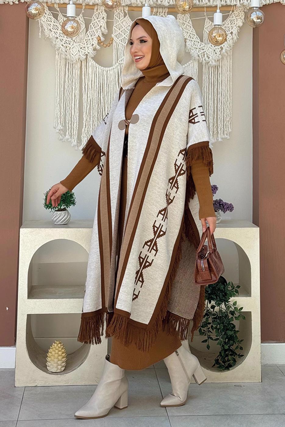 Tesettür giyim BEJ ETNİK DESENLİ TRİKO PANÇO T 22021