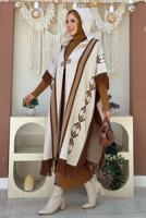 Tesettür giyim BEJ ETNİK DESENLİ TRİKO PANÇO T 22021