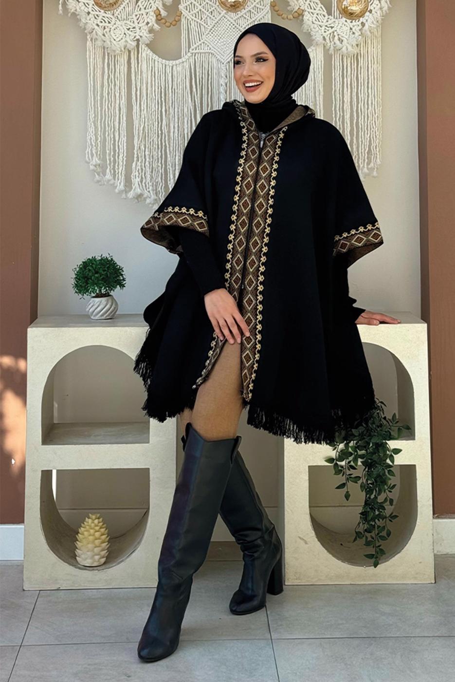 Tesettür giyim SİYAH KAPÜŞONLU TRİKO PANÇO T 32021