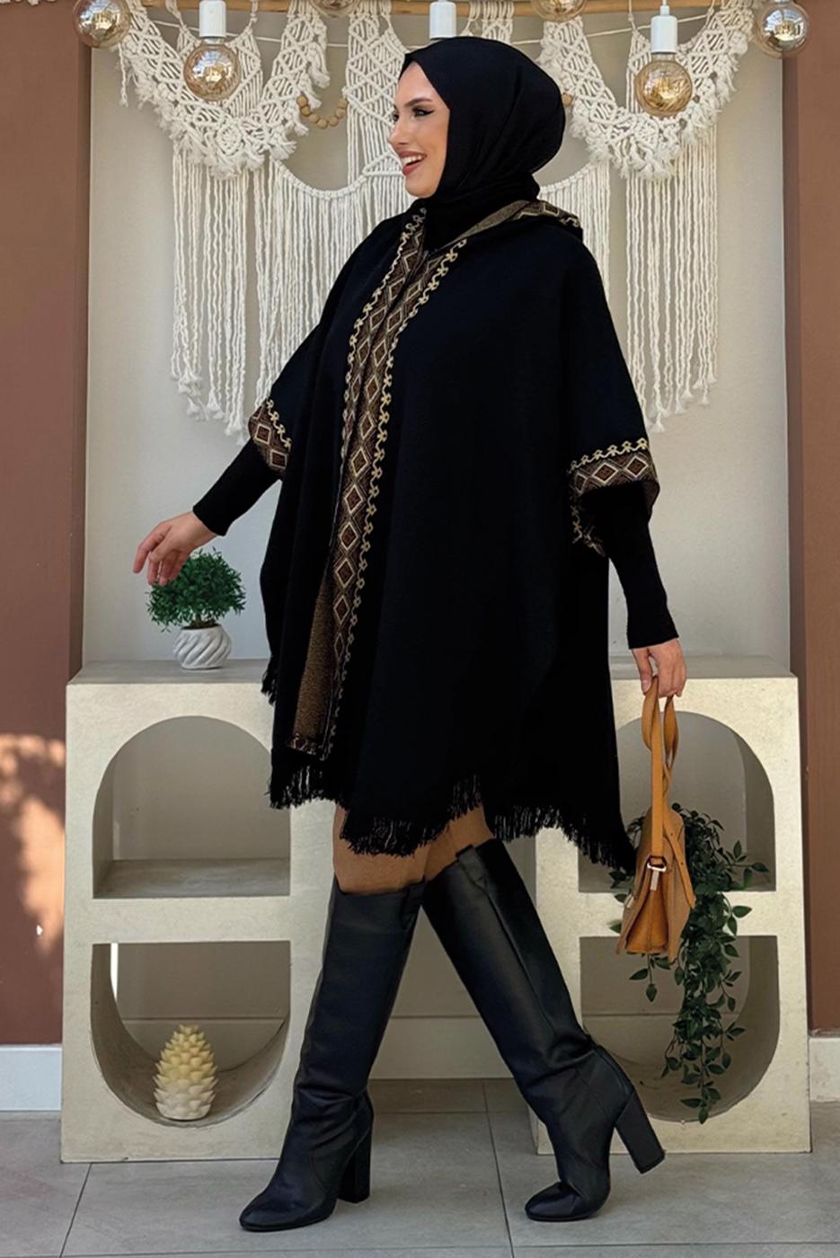 Tesettür giyim SİYAH KAPÜŞONLU TRİKO PANÇO T 32021