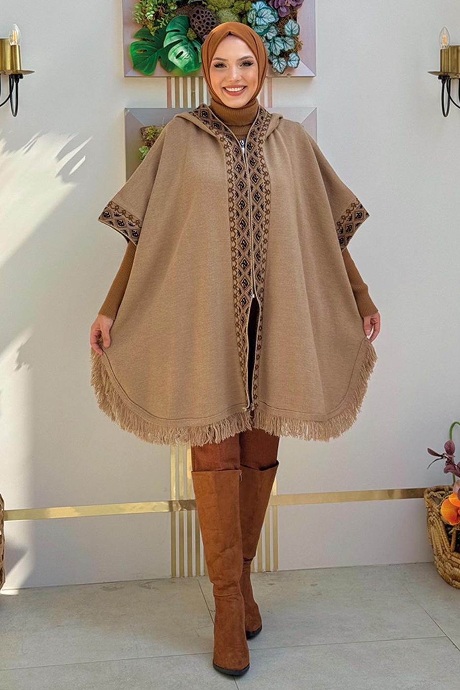 Tesettür giyim VİZON KAPÜŞONLU TRİKO PANÇO T 32021