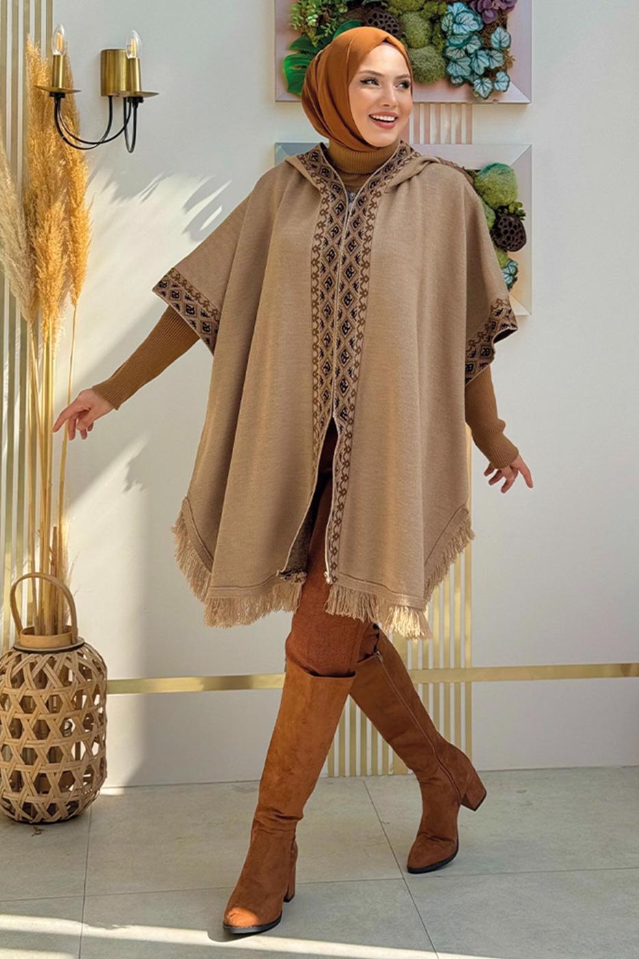 Tesettür giyim VİZON KAPÜŞONLU TRİKO PANÇO T 32021