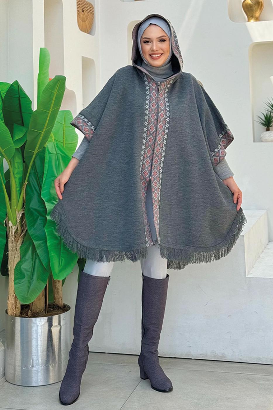 Tesettür giyim GRİ KAPÜŞONLU TRİKO PANÇO T 32021