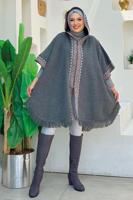 Tesettür giyim GRİ KAPÜŞONLU TRİKO PANÇO T 32021