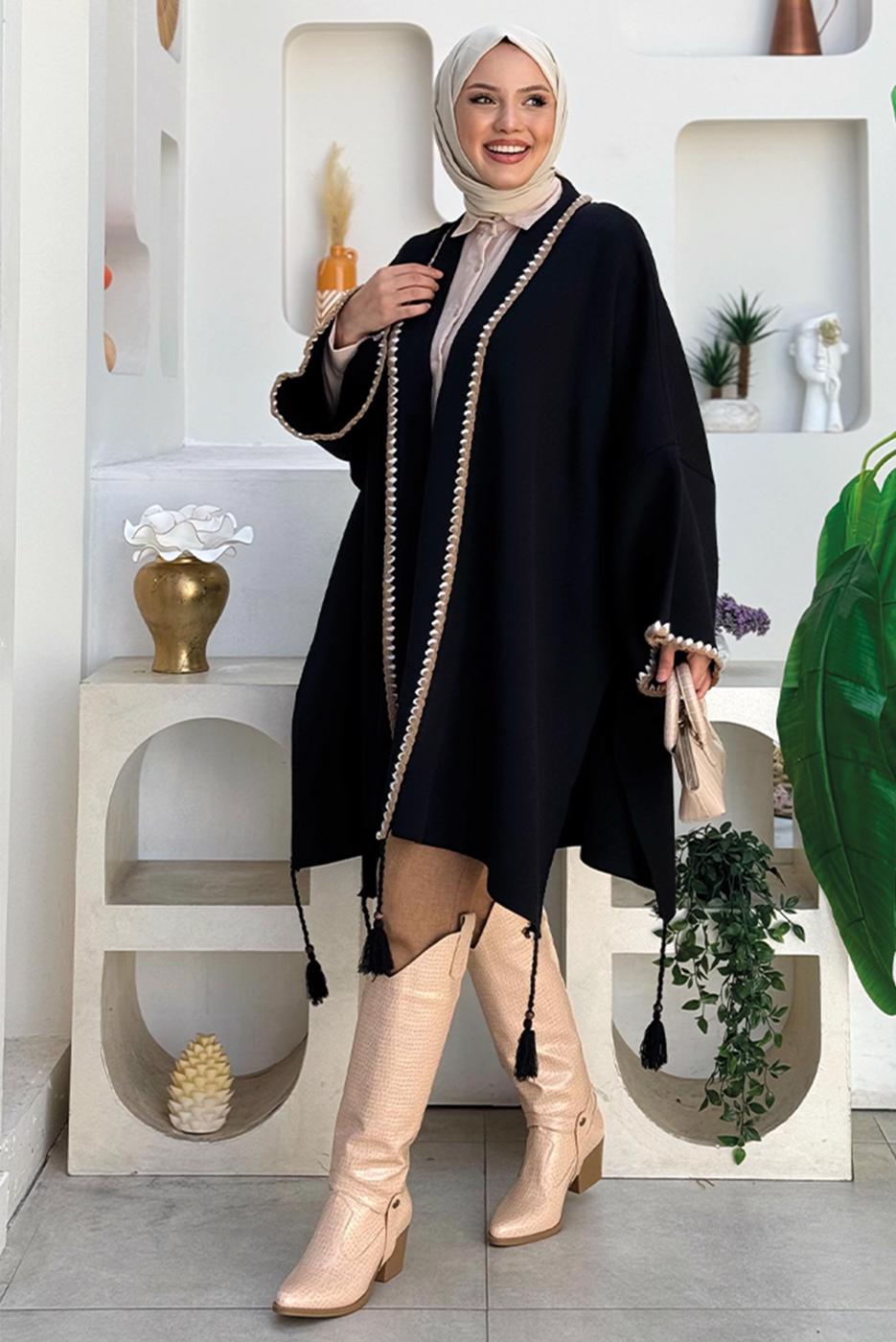 Tesettür giyim SİYAH PÜSKÜLLÜ TRİKO PANÇO T 43021
