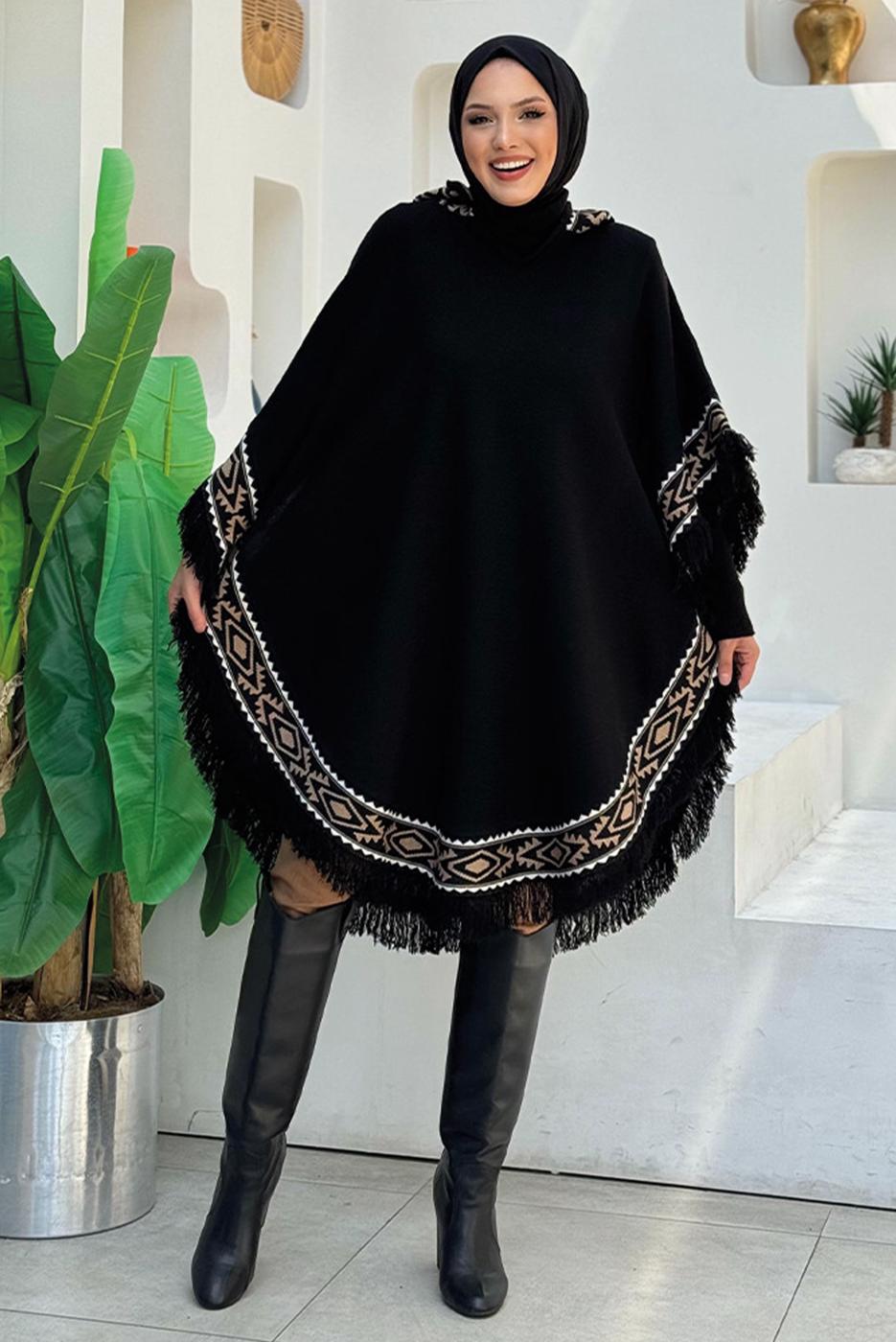 Tesettür giyim SİYAH KAPÜŞONLU TRİKO PANÇO T 69021