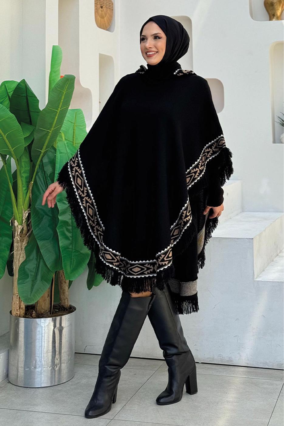 Tesettür giyim SİYAH KAPÜŞONLU TRİKO PANÇO T 69021