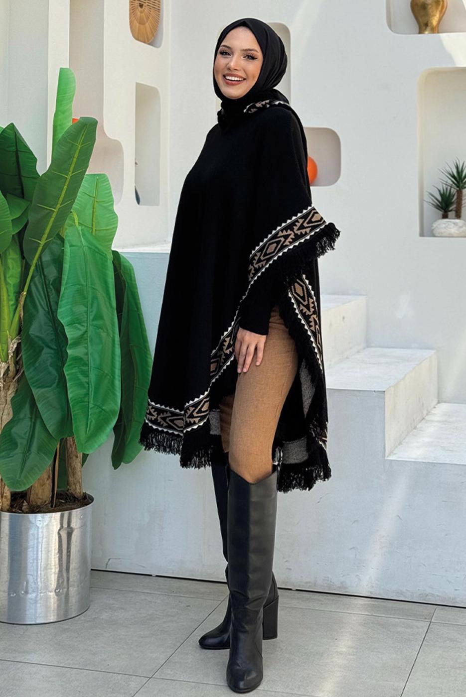 Tesettür giyim SİYAH KAPÜŞONLU TRİKO PANÇO T 69021