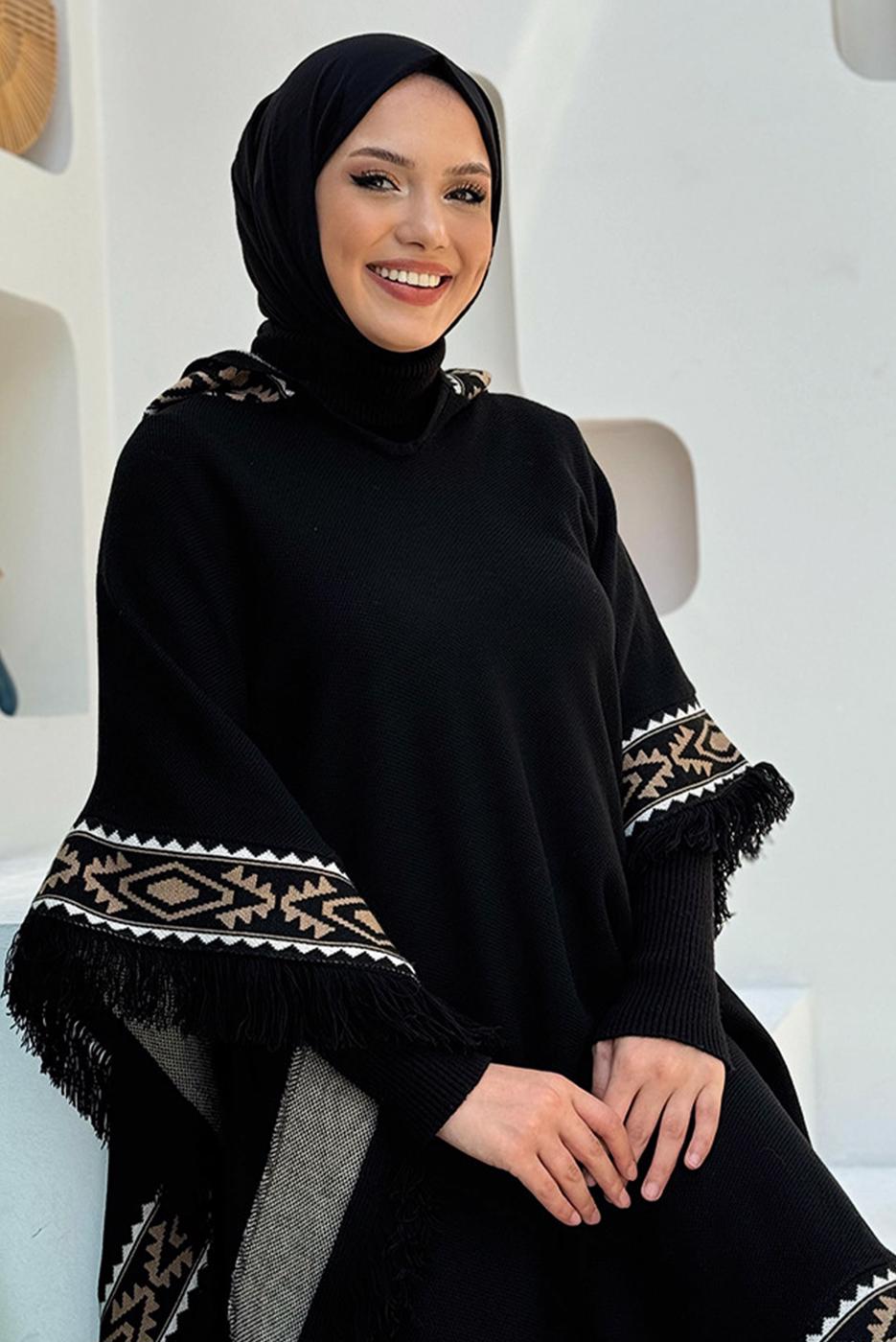 Tesettür giyim SİYAH KAPÜŞONLU TRİKO PANÇO T 69021