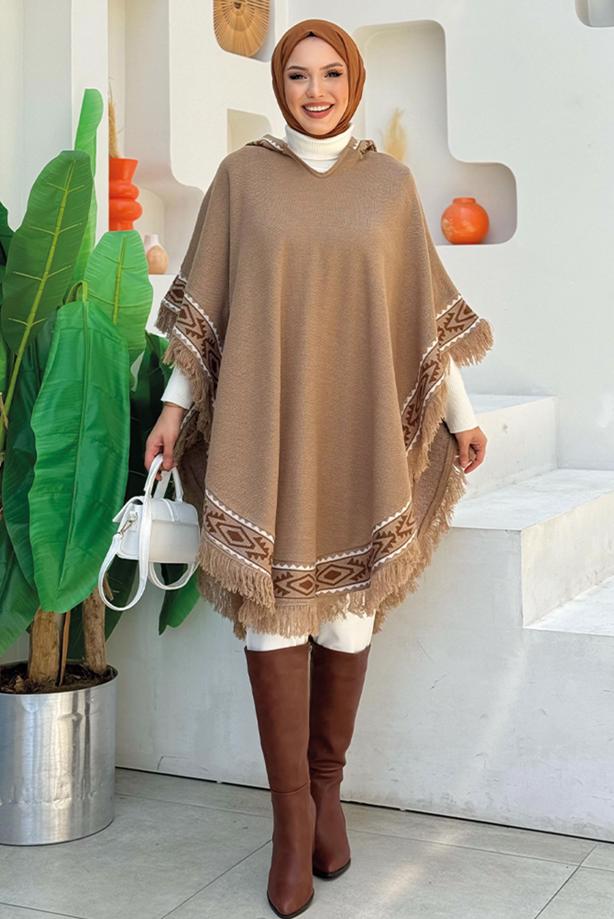 Hijab clothing MINK HOODED KNITWEAR PONCHO T 69021 - TRENDTESETTÜR