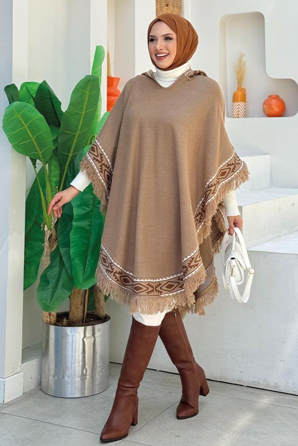 Hijab clothing MINK HOODED KNITWEAR PONCHO T 69021 - TRENDTESETTÜR