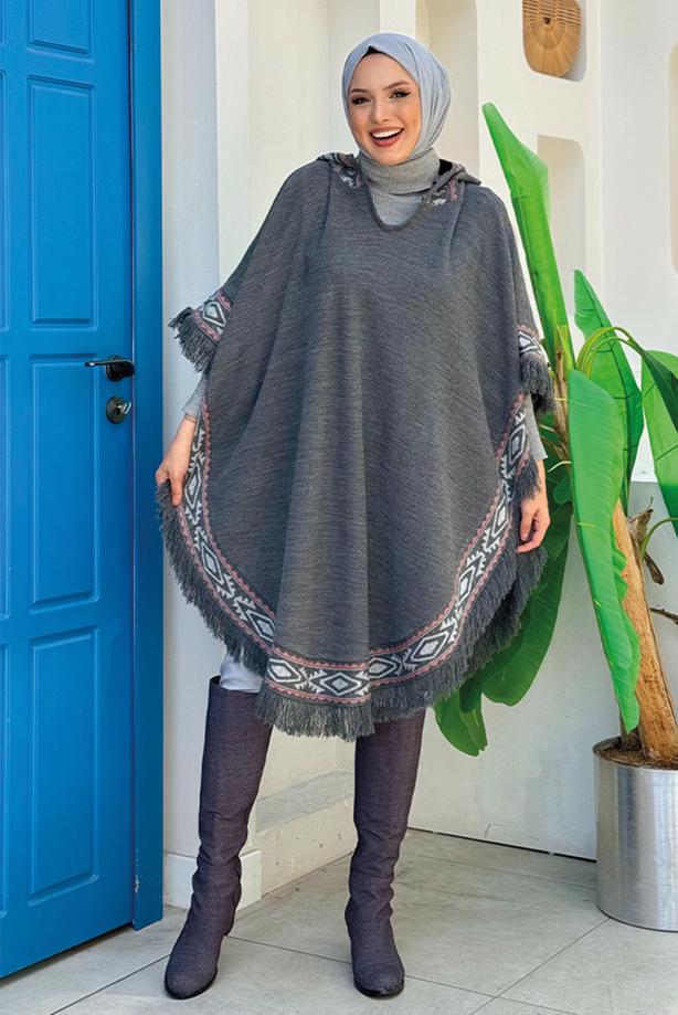 Hijab clothing GREY HOODED KNITWEAR PONCHO T 69021 - TRENDTESETTÜR