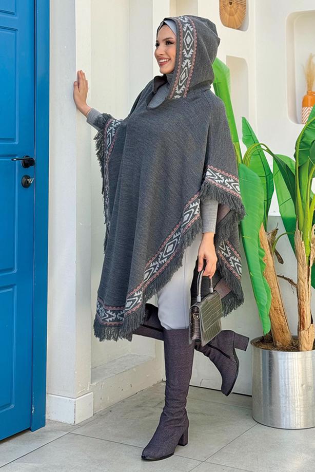 Hijab clothing GREY HOODED KNITWEAR PONCHO T 69021 - TRENDTESETTÜR