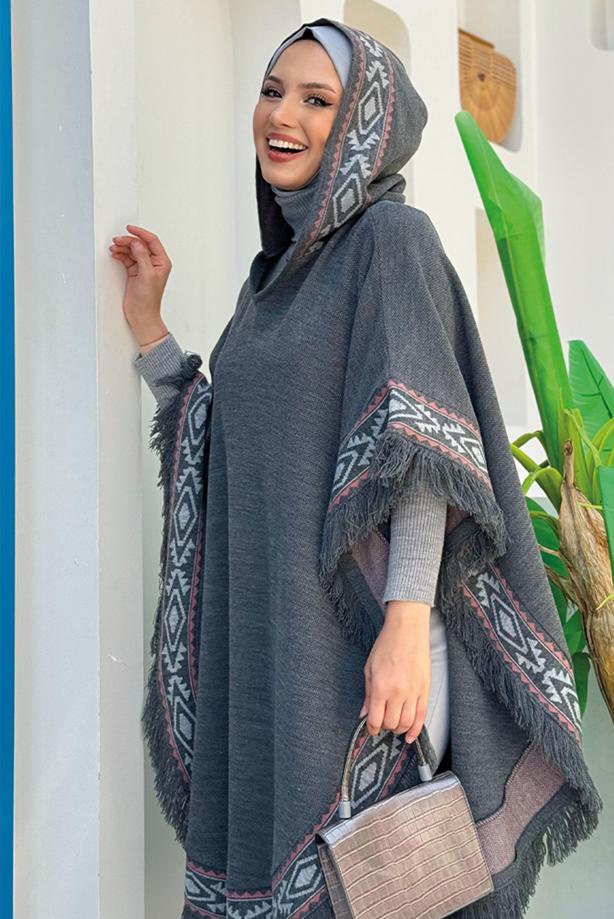 Hijab clothing GREY HOODED KNITWEAR PONCHO T 69021 - TRENDTESETTÜR