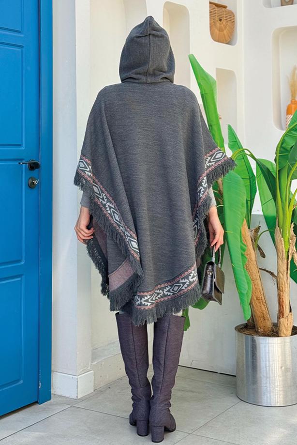 Hijab clothing GREY HOODED KNITWEAR PONCHO T 69021 - TRENDTESETTÜR