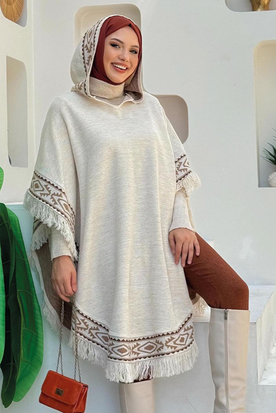 Tesettür giyim BEJ KAPÜŞONLU TRİKO PANÇO T 69021