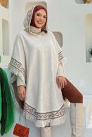 Tesettür giyim BEJ KAPÜŞONLU TRİKO PANÇO T 69021