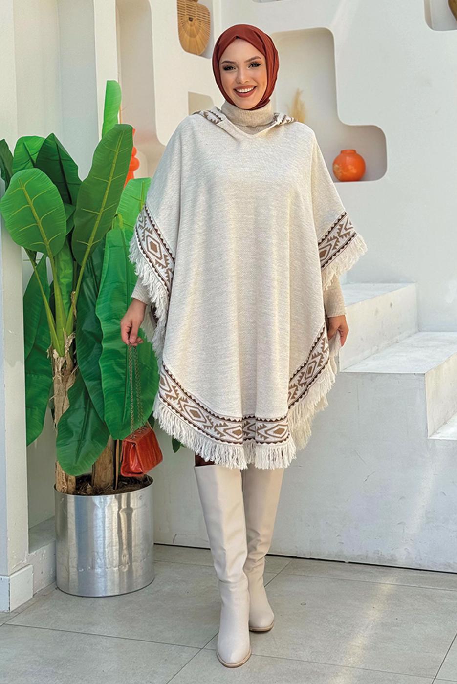 Tesettür giyim BEJ KAPÜŞONLU TRİKO PANÇO T 69021