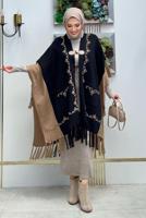 Tesettür giyim SİYAH PÜSKÜL DETAYLI TRİKO PANÇO T 15021