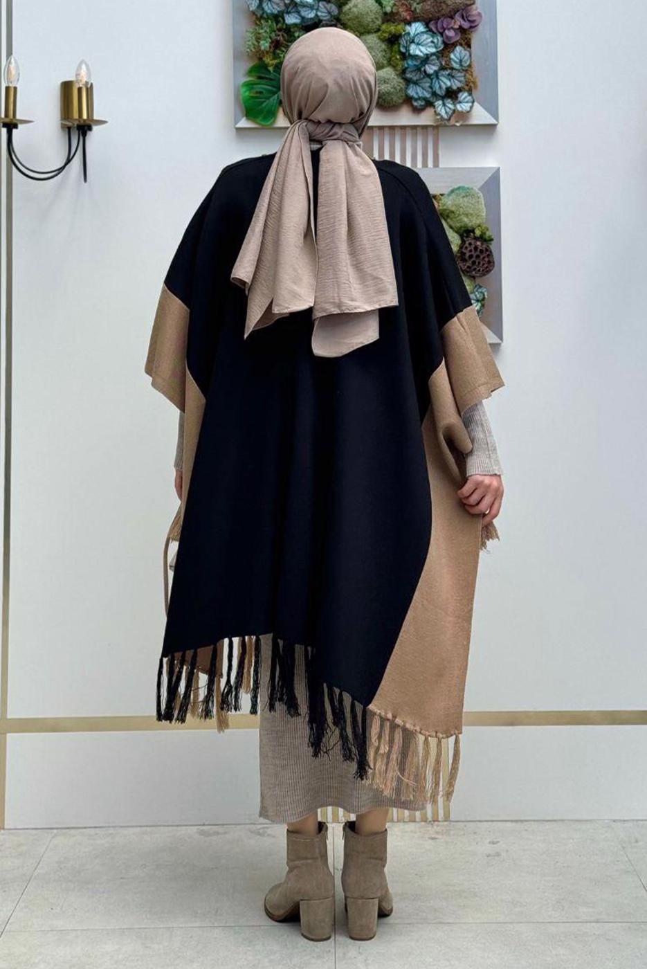 Tesettür giyim SİYAH PÜSKÜL DETAYLI TRİKO PANÇO T 15021
