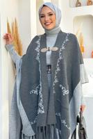 Tesettür giyim GRİ PÜSKÜL DETAYLI TRİKO PANÇO T 15021