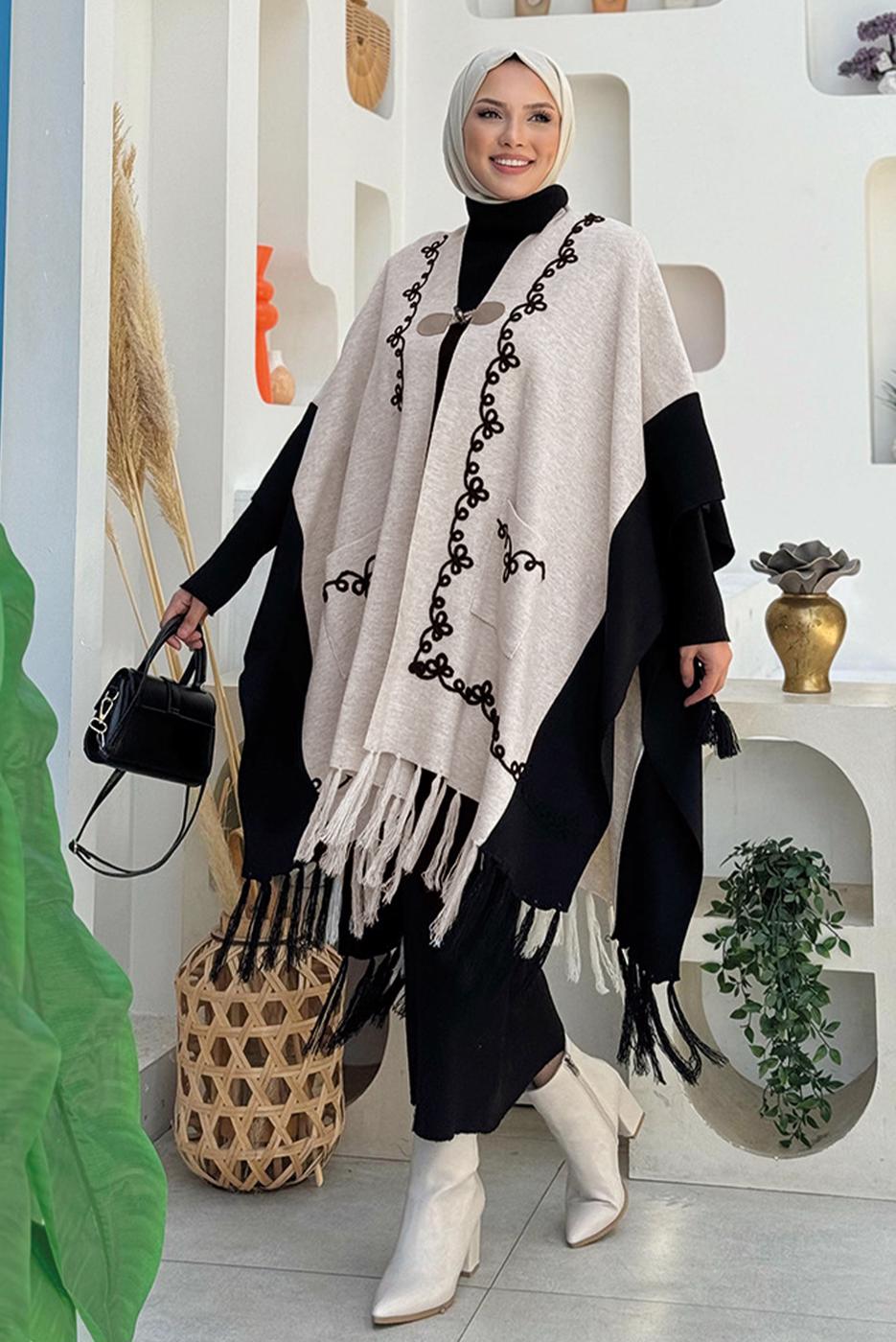 Tesettür giyim BEJ PÜSKÜL DETAYLI TRİKO PANÇO T 15021