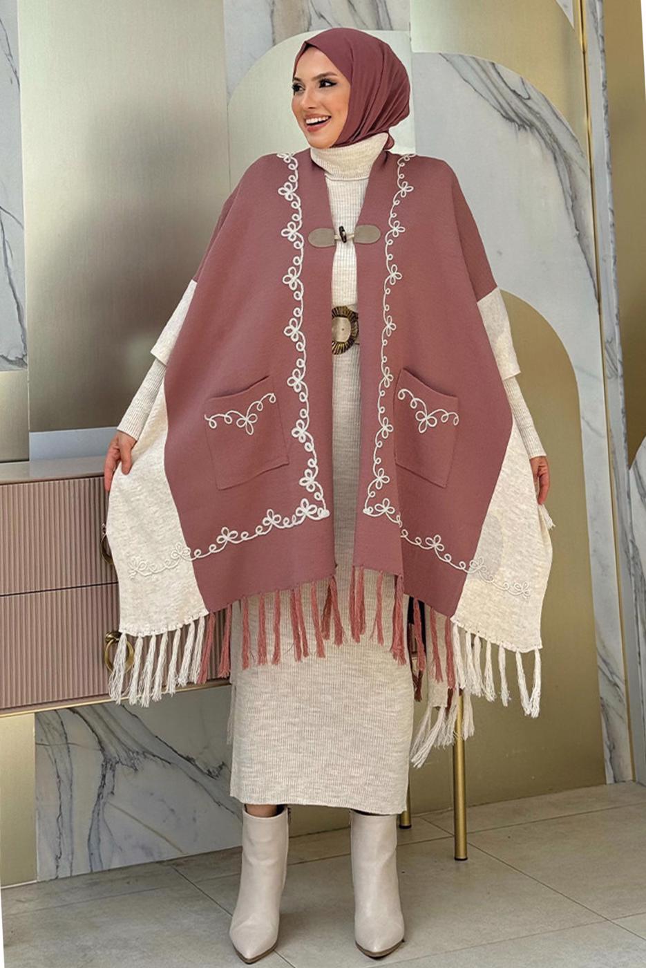 Tesettür giyim PEMBE PÜSKÜL DETAYLI TRİKO PANÇO T 15021