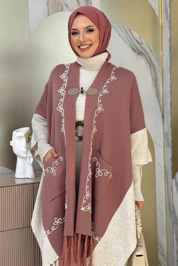 Tesettür giyim PEMBE PÜSKÜL DETAYLI TRİKO PANÇO T 15021 - TRENDTESETTÜR