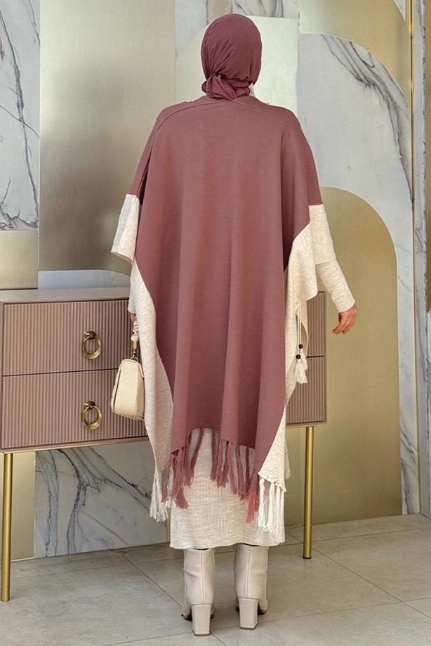 Tesettür giyim PEMBE PÜSKÜL DETAYLI TRİKO PANÇO T 15021 - TRENDTESETTÜR