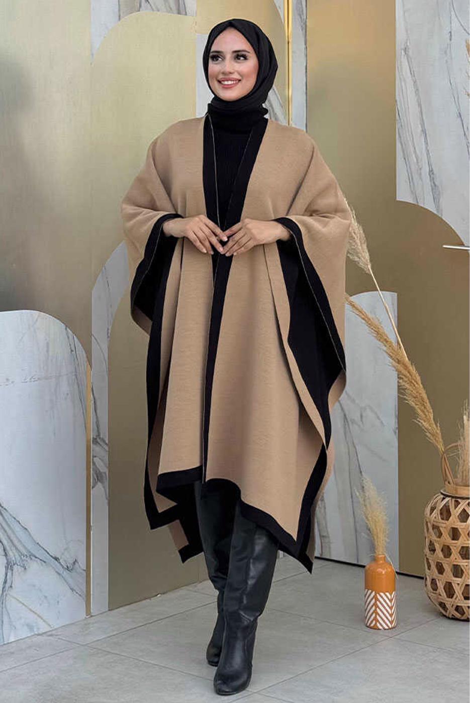 Tesettür giyim SİYAH ÇİFT TARAFLI TRİKO PANÇO T 69181