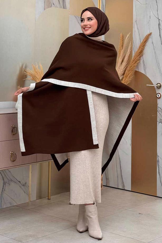 Hijab clothing BROWN DOUBLE-FACED KNITWEAR PONCHO T 69181 - TRENDTESETTÜR