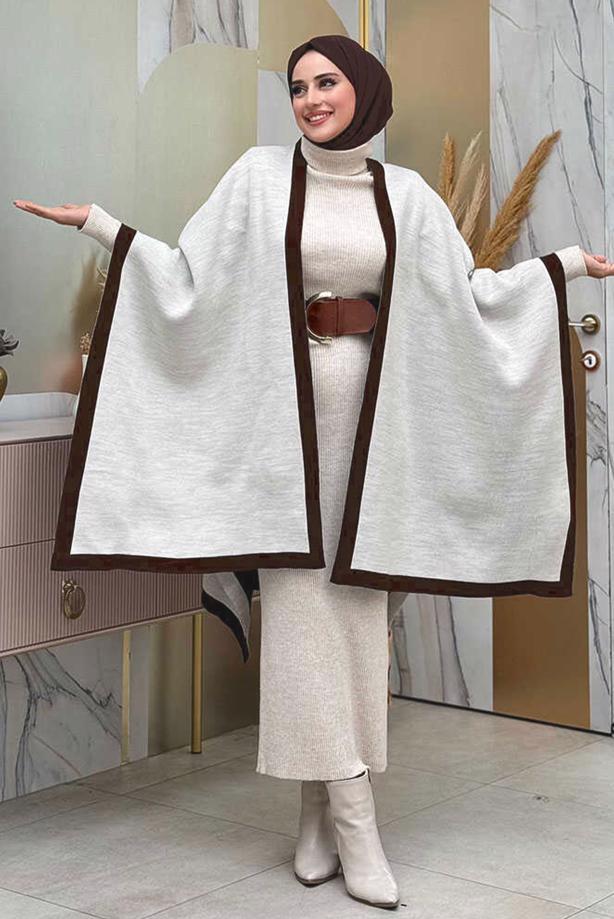 Hijab clothing BROWN DOUBLE-FACED KNITWEAR PONCHO T 69181 - TRENDTESETTÜR