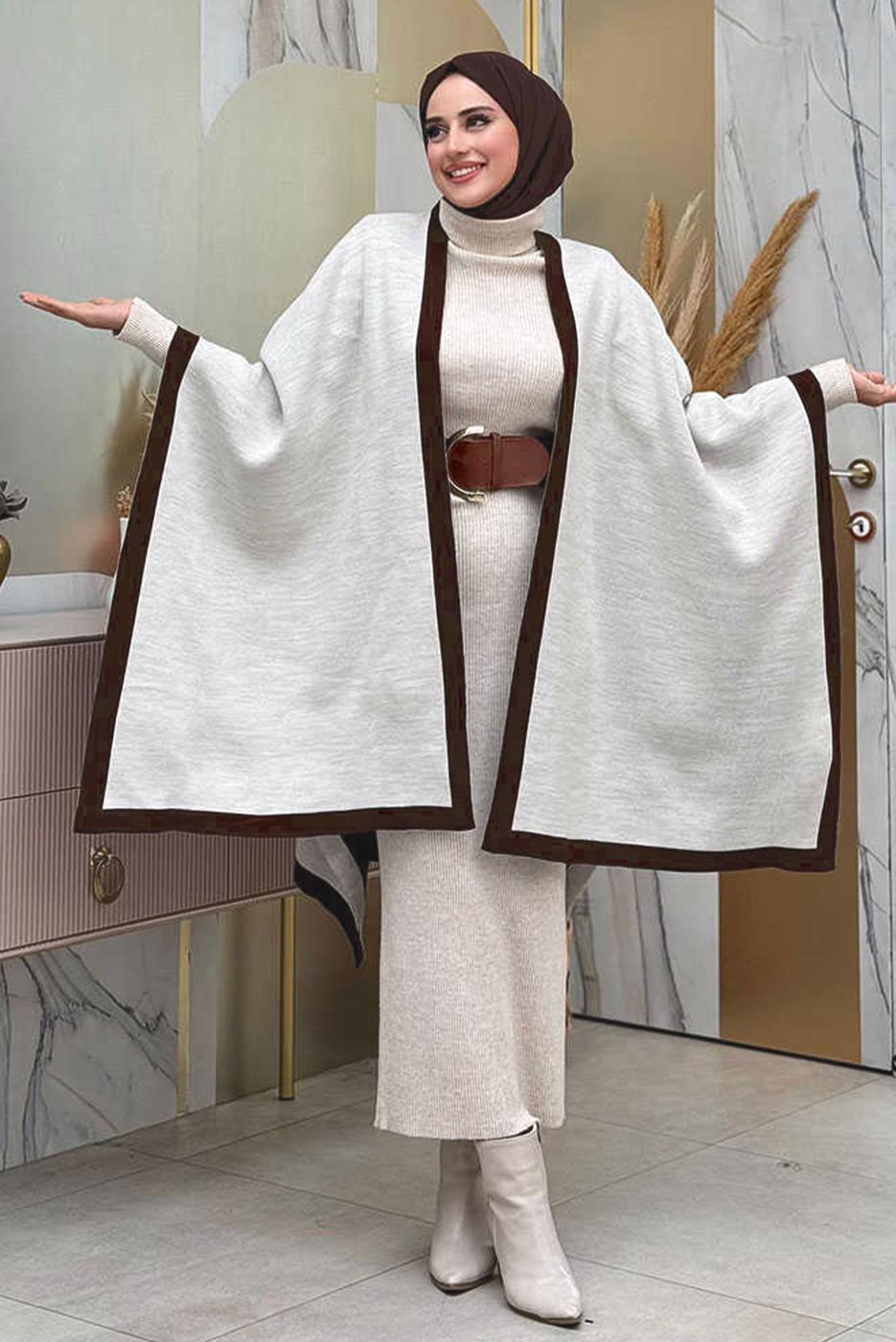 Tesettür giyim KAHVE ÇİFT TARAFLI TRİKO PANÇO T 69181