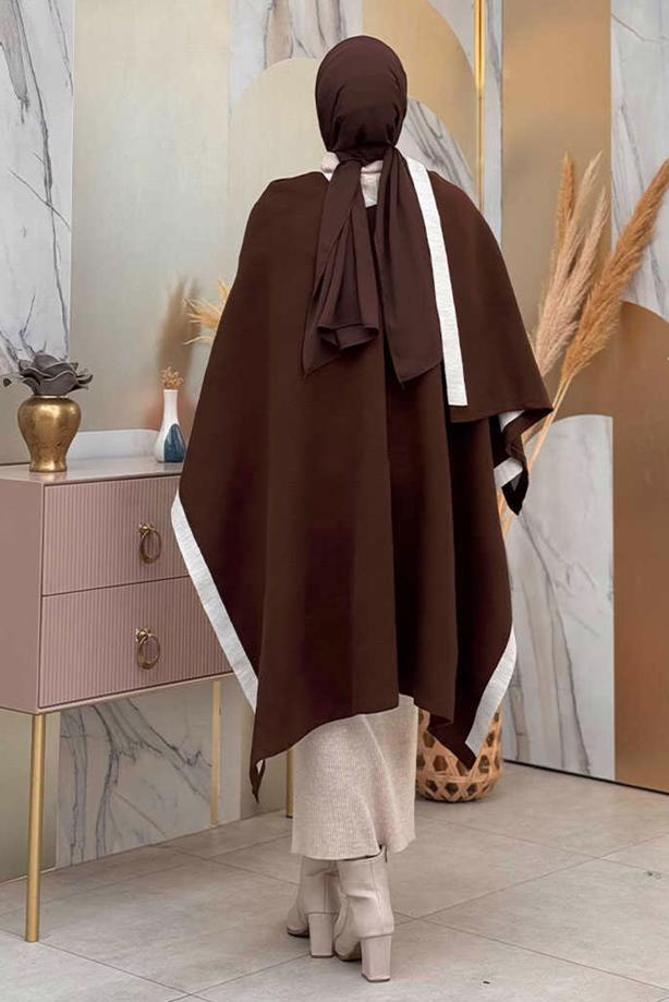 Hijab clothing BROWN DOUBLE-FACED KNITWEAR PONCHO T 69181 - TRENDTESETTÜR