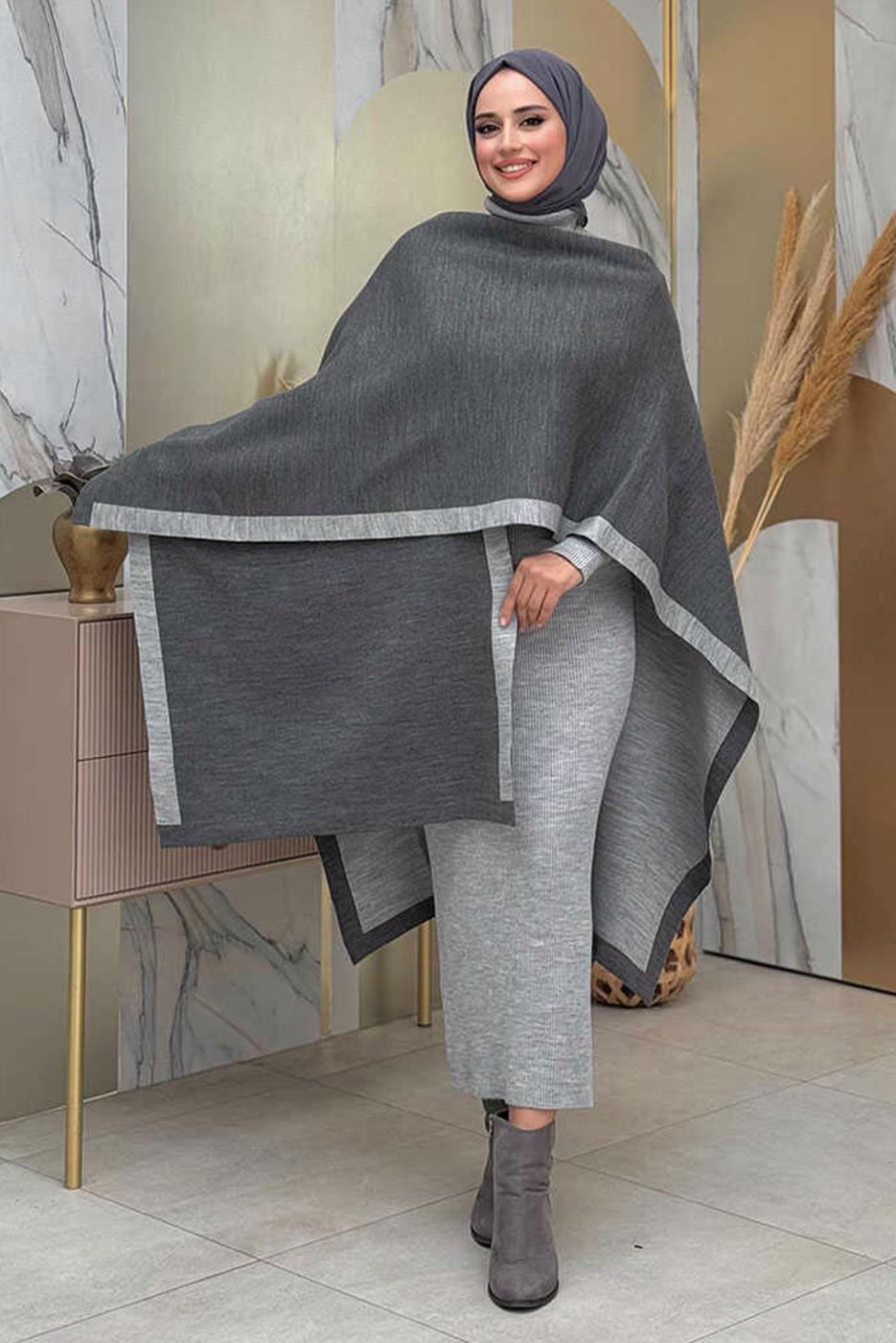 Tesettür giyim GRİ ÇİFT TARAFLI TRİKO PANÇO T 69181