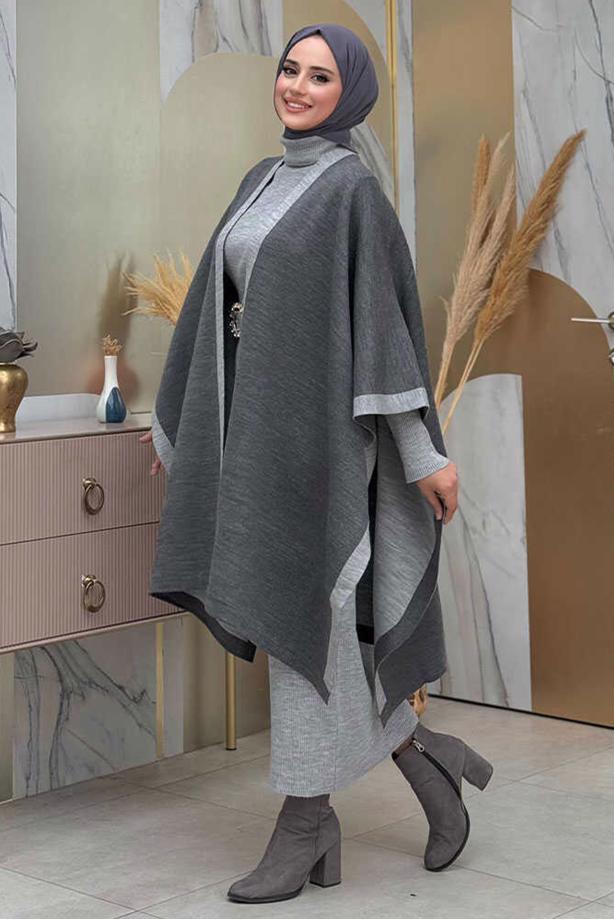 Tesettür giyim GRİ ÇİFT TARAFLI TRİKO PANÇO T 69181 - TRENDTESETTÜR