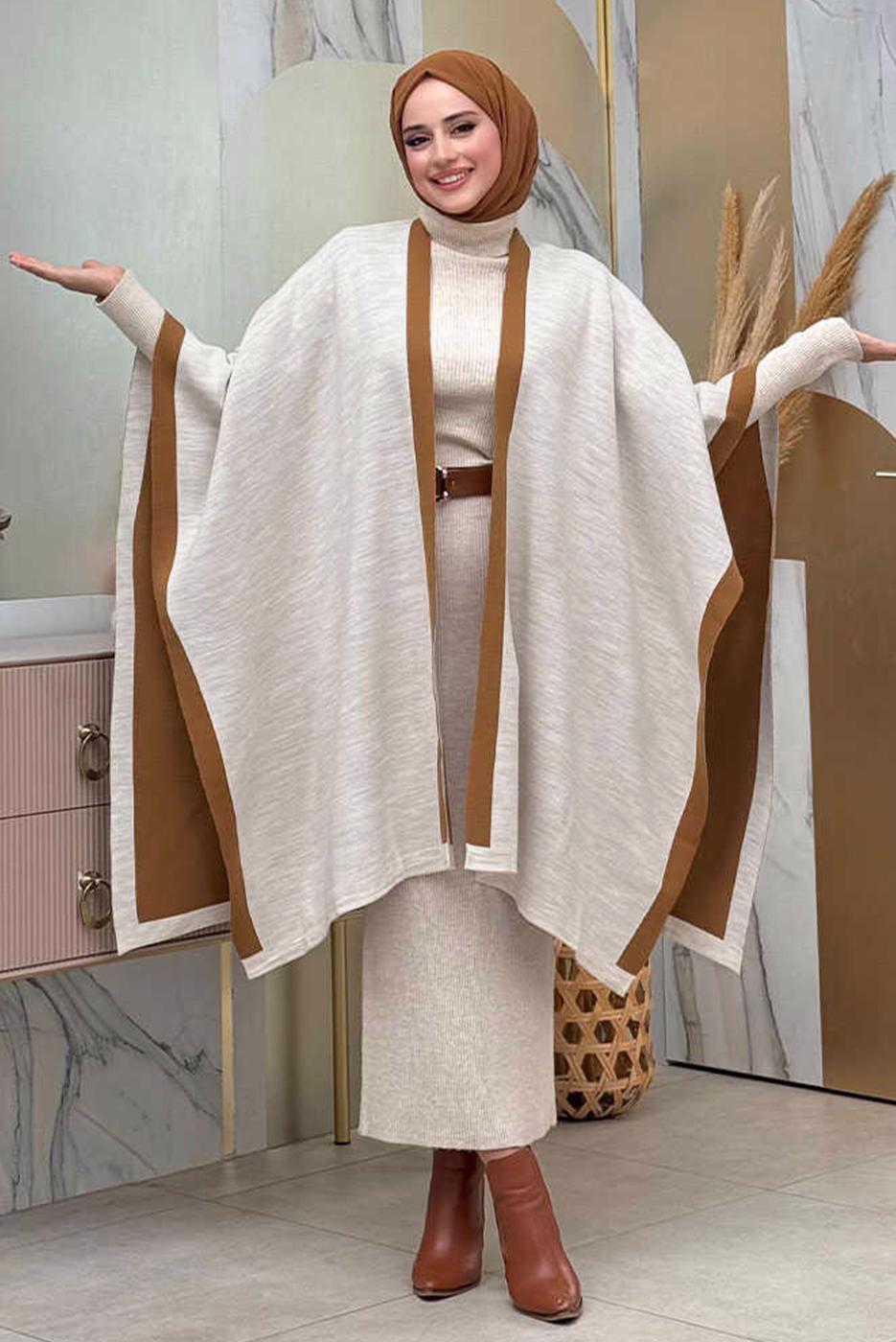Tesettür giyim BEJ ÇİFT TARAFLI TRİKO PANÇO T 69181