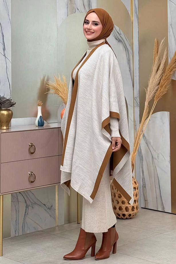 Tesettür giyim BEJ ÇİFT TARAFLI TRİKO PANÇO T 69181 - TRENDTESETTÜR