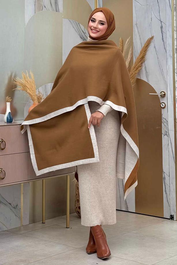 Tesettür giyim BEJ ÇİFT TARAFLI TRİKO PANÇO T 69181 - TRENDTESETTÜR