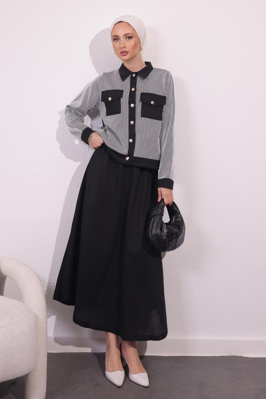 Vêtements hijab NOIR COSTUME À JUPE À RAYURES T 0054