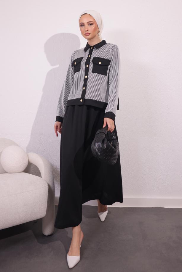 Tesettür giyim SİYAH ÇİZGİLİ ETEKLİ TAKIM T 0054 - TRENDTESETTÜR