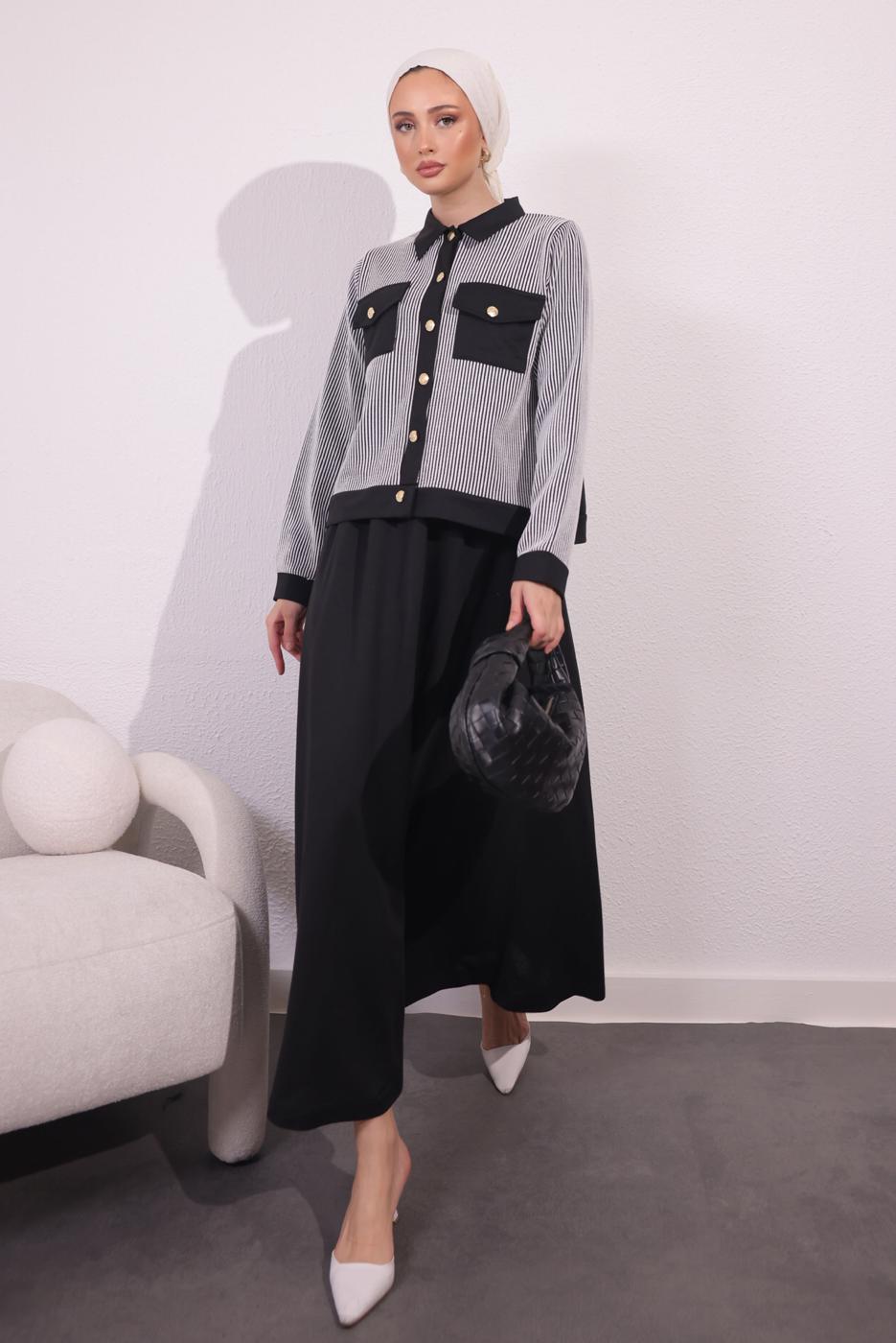 Vêtements hijab NOIR COSTUME À JUPE À RAYURES T 0054