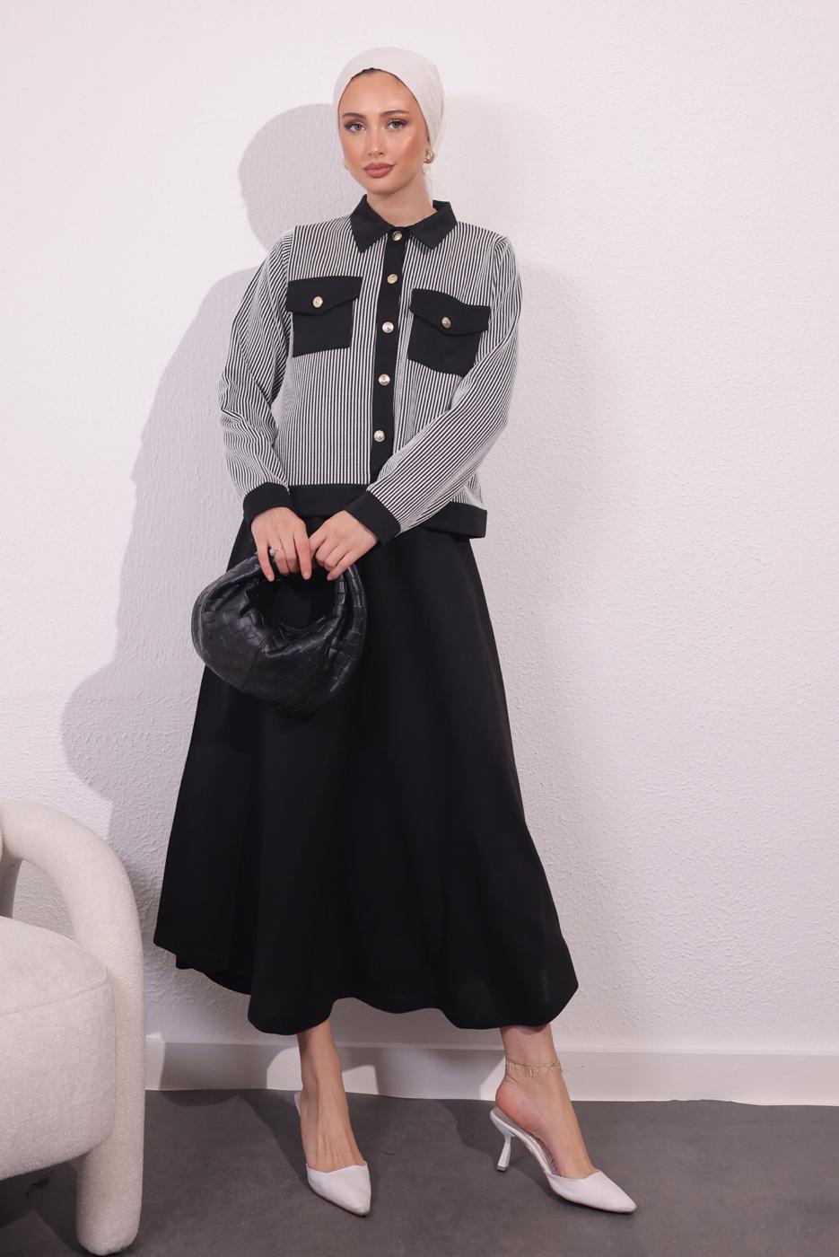 Vêtements hijab NOIR COSTUME À JUPE À RAYURES T 0054